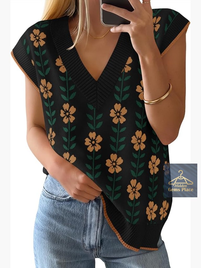 Floral V Neck Sleeveless Knit Sweater Vest Oversized Loose Tank Tops Summer